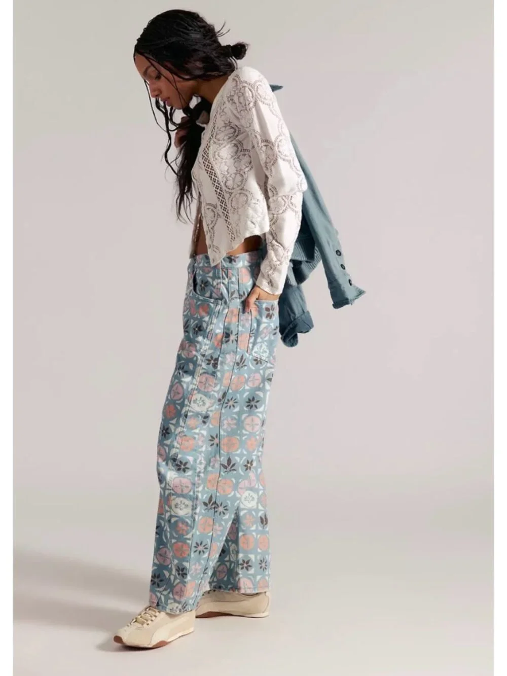 NWT Free People Good Luck Printed Barrel Jeans 27